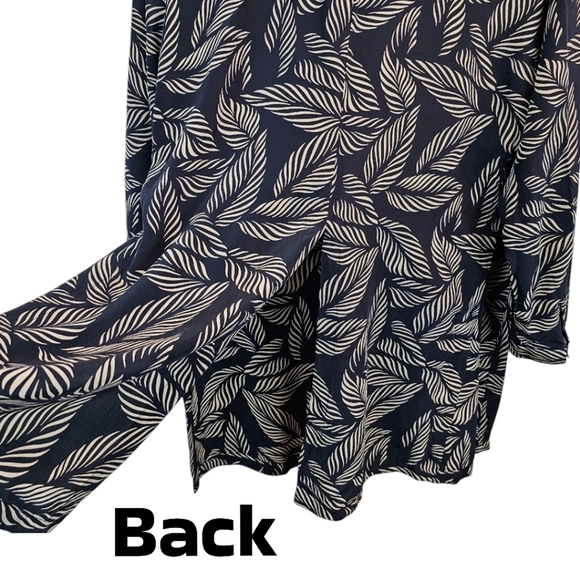 Jeannene Booher Silk Leaf Print Shirt Womens Sz 14 Black Button Up Split Hem - Picture 11 of 12